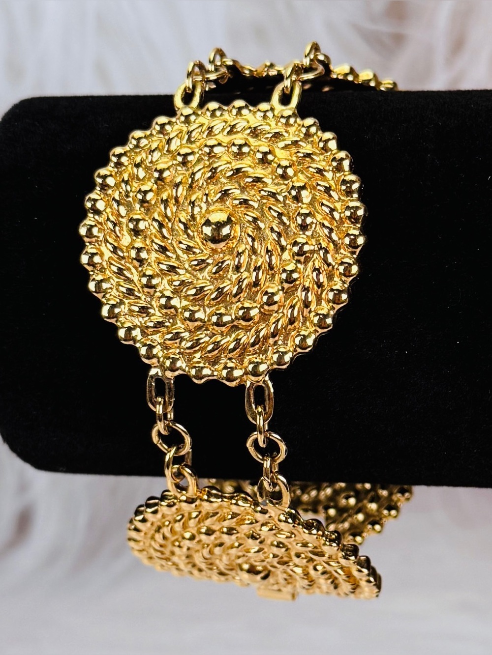 Vintage weighted, goldtone, large textured disc double chain statement bracelet